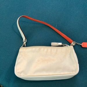 Coach white/orange leather and tan fabric bag